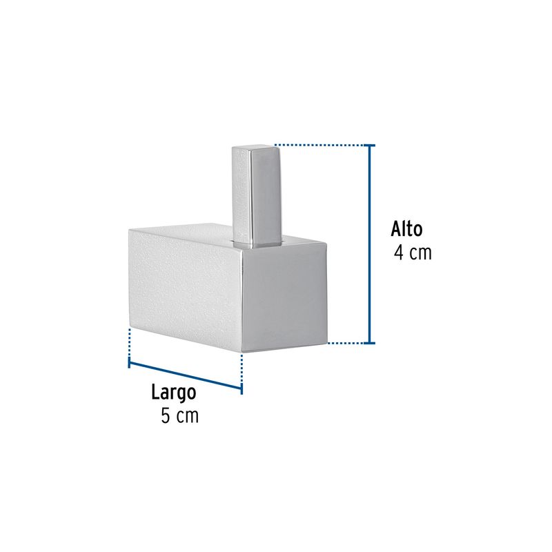 Gancho sencillo para toallas 4.5 x 4 cm cromo Foset Kubo, gráfico con medidas de largo 5 cm y alto 4 cm