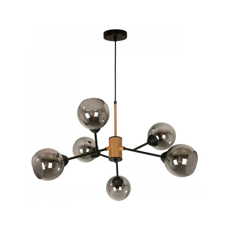 Luminaria colgante Gala II negro 6L E27 40W Ikelite, vista frontal con seis globos de vidrio ahumado y estructura negra