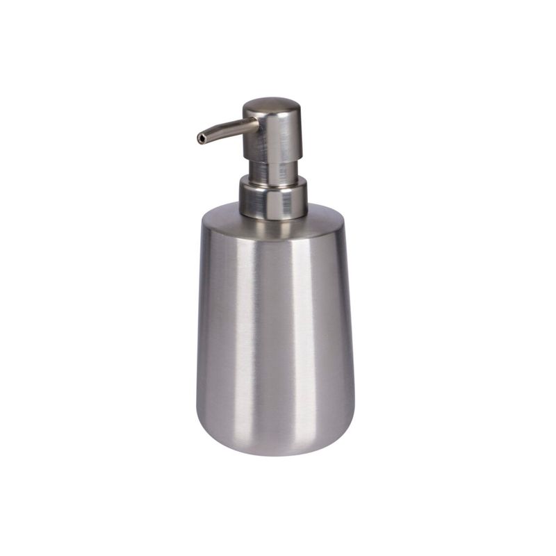 Dispensador acero inoxidable 280 ml Vortex Moda, vista frontal del envase cilíndrico con bomba dosificadora