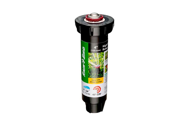 Aspersor para jardín pop up rotor ADJ 17-24 pies 4 pulgadas 45-270 grados Rain Bird, vista frontal del cuerpo negro