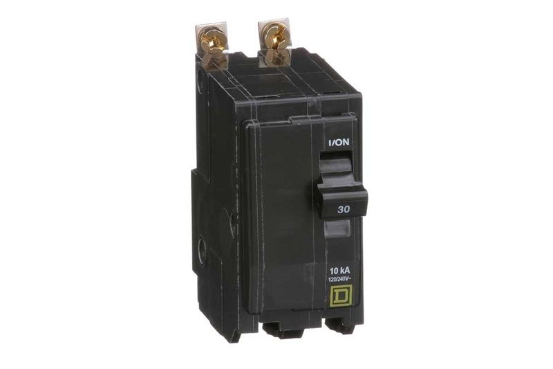 Breaker atornillable 2P 120-240V Square D de 30 amp, vista frontal del interruptor negro con terminales superiores