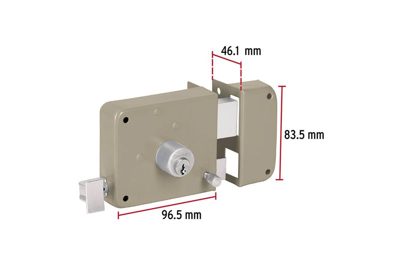 Cerradura parche instala-fácil derecha Hermex, esquema técnico con medidas de 96.5 mm, 83.5 mm y 46.1 mm