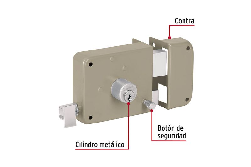 Cerradura parche instala-fácil derecha Hermex, esquema técnico con etiquetas del cilindro metálico, botón y contra