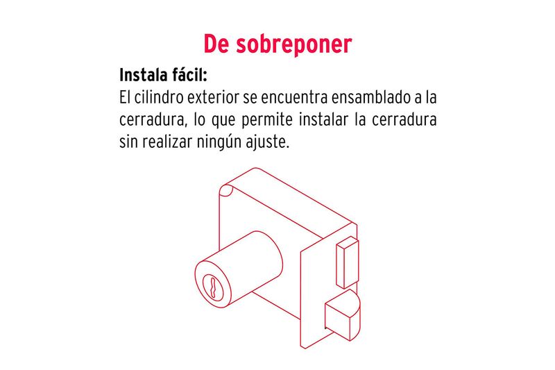 Cerradura parche instala-fácil derecha Hermex, ilustración técnica en líneas rojas del cilindro y cuerpo de la cerradura