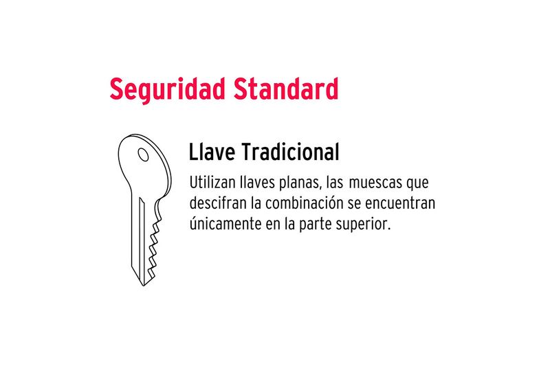 Cerradura parche instala-fácil derecha Hermex, gráfico informativo sobre la llave tradicional y seguridad estándar