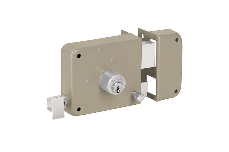 Cerradura parche instala-fácil derecha Hermex, vista lateral del cuerpo color beige con cilindro y pestillo plateado