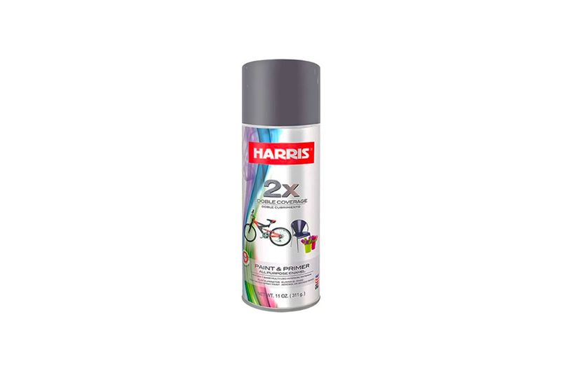 Spray Modelo de 11 onzas oro brillante intermedia, envase cilíndrico con tapa gris y etiquetas ilustradas