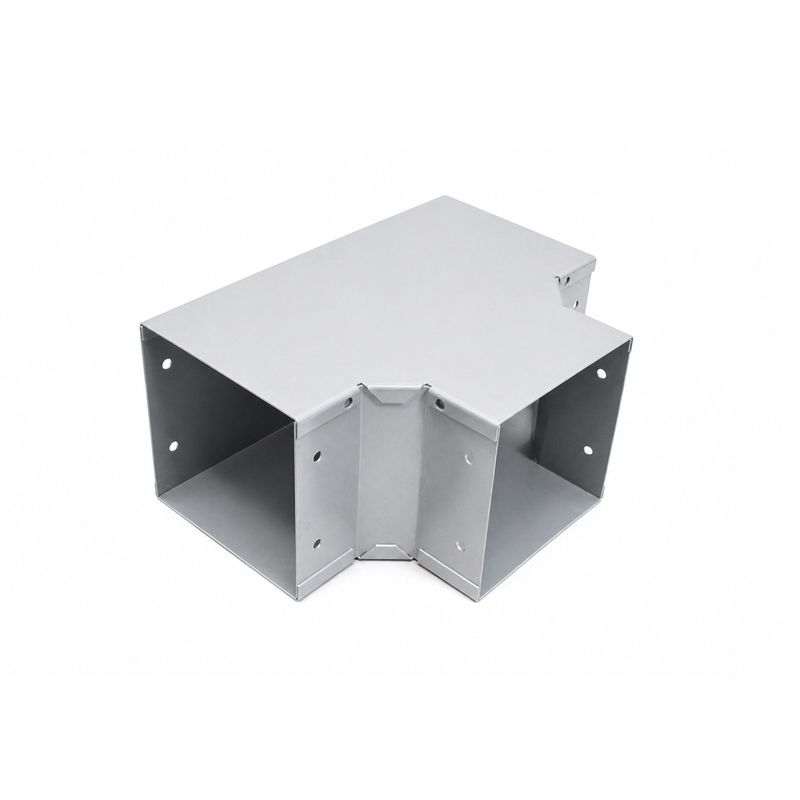 Tee horizontal para ducto metálico 6x6x90 Sylvania, vista desde arriba y lateral del accesorio en metal galvanizado