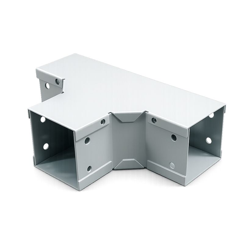 Tee horizontal para ducto metálico 3x3x90 Sylvania, vista en perspectiva frontal desde arriba resaltando sus aberturas