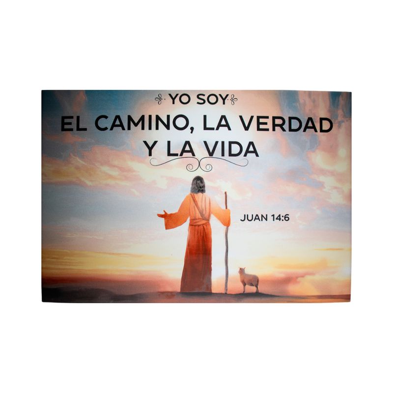 Imagen texto bíblico Juan digital 14 6 25.0x40.0 Estudio Cerámico, diseño con figura de Jesús, oveja y paisaje al ocaso