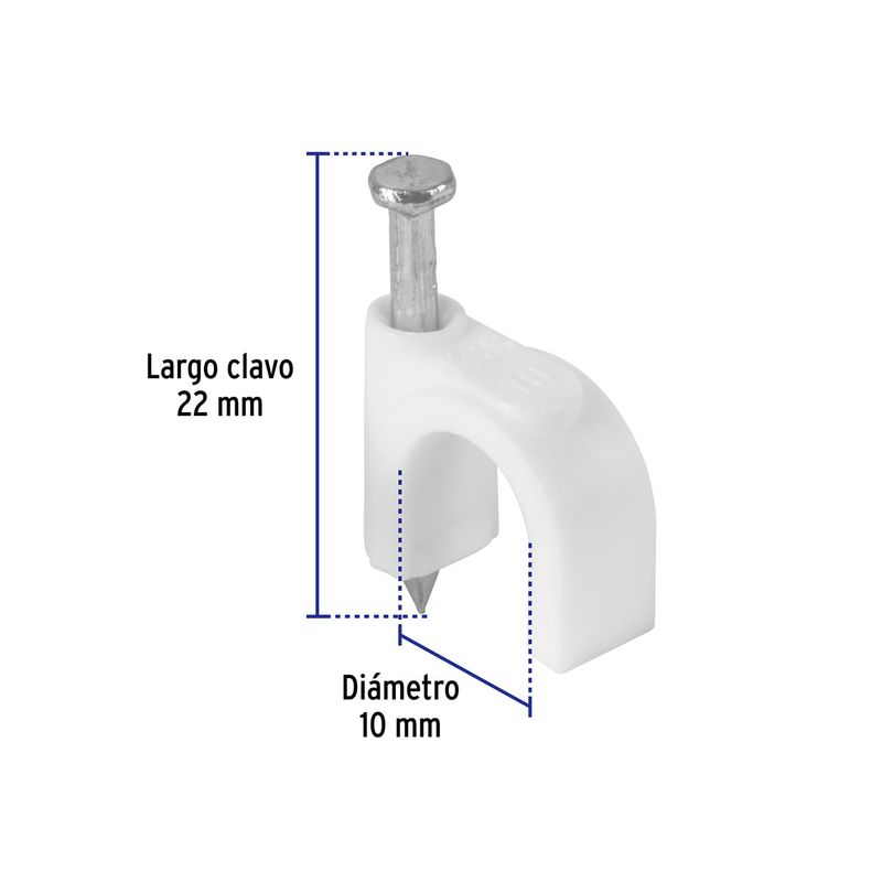 Bridas plástica con clavo 20 pc Volteck de 10 mm, gráfico con medidas de diámetro y largo del clavo