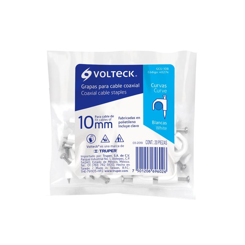 Bridas plásticas con clavo 20 piezas Volteck de 10 mm, empaque transparente con etiqueta azul y blanca