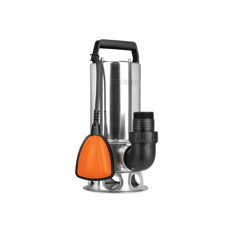 Bomba sumergible para agua sucia acero inoxidable 110V Truper de 1-1/2 HP, vista frontal con asa y codo de salida negro