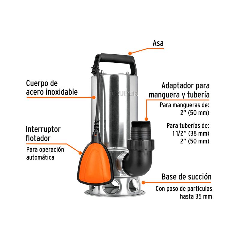 Bomba sumergible para agua sucia acero inoxidable 110V Truper de 1-1/2 HP, diagrama con partes y medidas del equipo