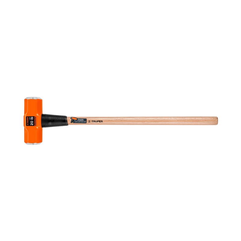 Mazo Truper de 20 lbs con mango de madera, vista lateral con cabeza naranja y mango largo de madera clara