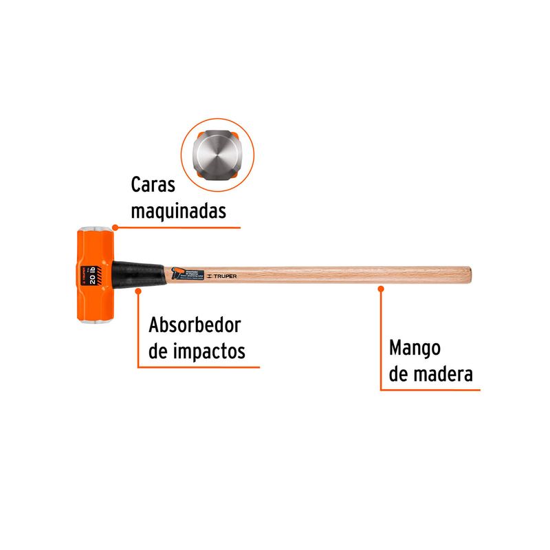 Mazo Truper de 20 lbs con mango de madera, gráfico con etiquetas que señalan las caras, el absorbedor y el mango