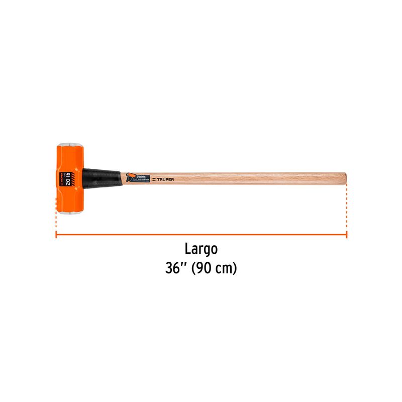 Mazo Truper de 20 lbs con mango de madera, vista lateral con indicación de largo de 36 pulgadas y 90 cm