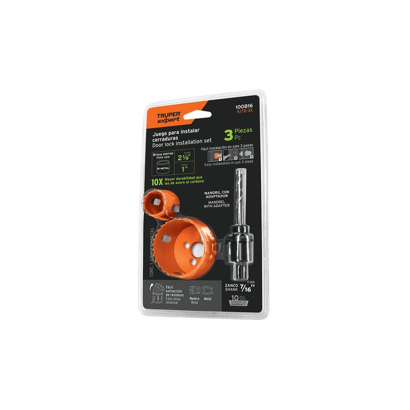 Kit de instalación para cerraduras Truper de 3 piezas, en empaque blister con brocas naranjas y mandril negro