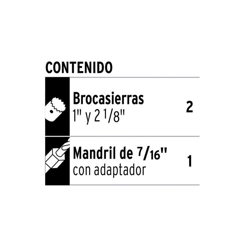 Kit de instalación para cerraduras Truper de 3 piezas, gráfico de contenido con brokasierras y mandril con adaptador