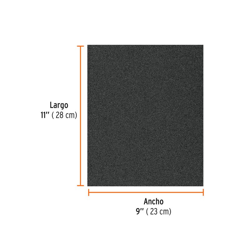 Lija agua Truper negra N°240 intermedia, gráfico con medidas de largo 11 pulgadas (28 cm) y ancho 9 pulgadas (23 cm)