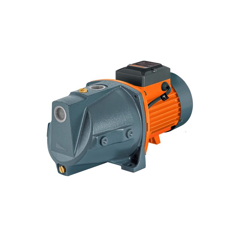 Bomba jet para agua 110V Truper de 1 HP, vista lateral del equipo con cuerpo gris y motor naranja