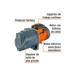 Bomba jet para agua 110 V Truper de 1 HP, esquema con etiquetas que señalan el impulsor, motor y capacitor