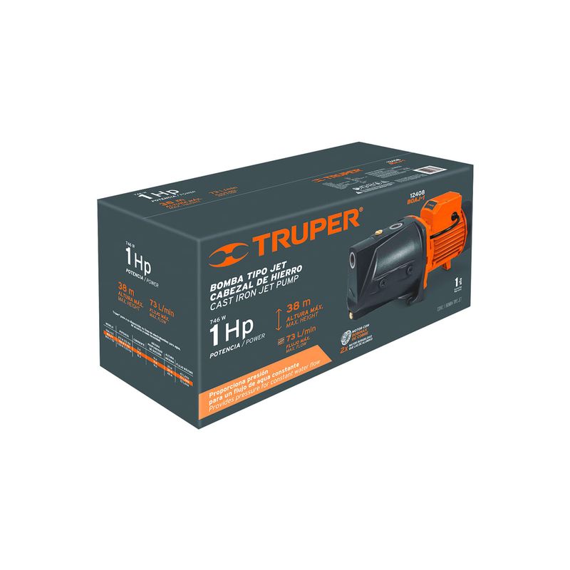 Bomba jet para agua 110V Truper de 1 HP, vista frontal de la caja con ilustraciones y especificaciones técnicas