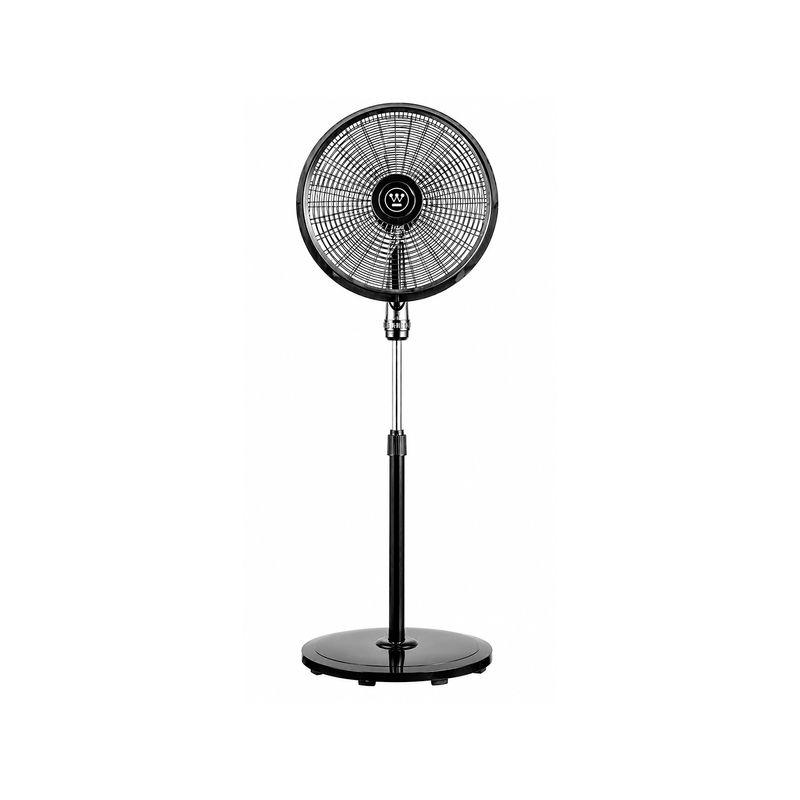 Abanico de pedestal 18 pulgadas 5A 3V 110V 70W negro Westinghouse, vista frontal completa sobre fondo blanco