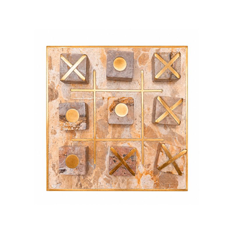 Adorno decorativo equis/cero 22.5x22.5x4 cm Concepts, vista frontal del tablero de mármol con piezas doradas
