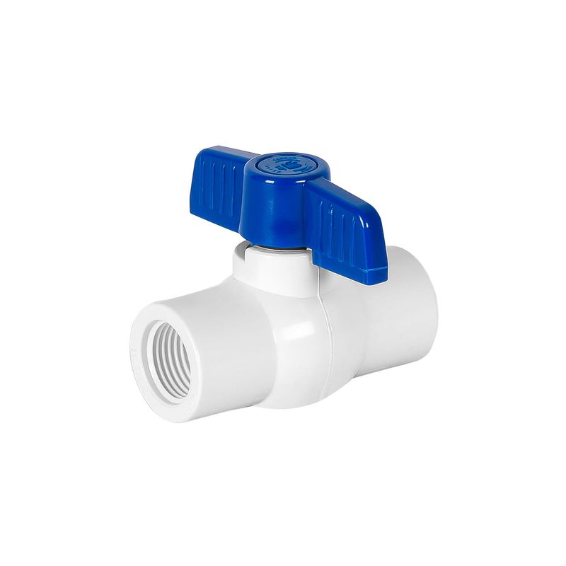 Llave de bola PVC con rosca 1/2 pulgadas Foset, vista lateral con cuerpo blanco y manija azul