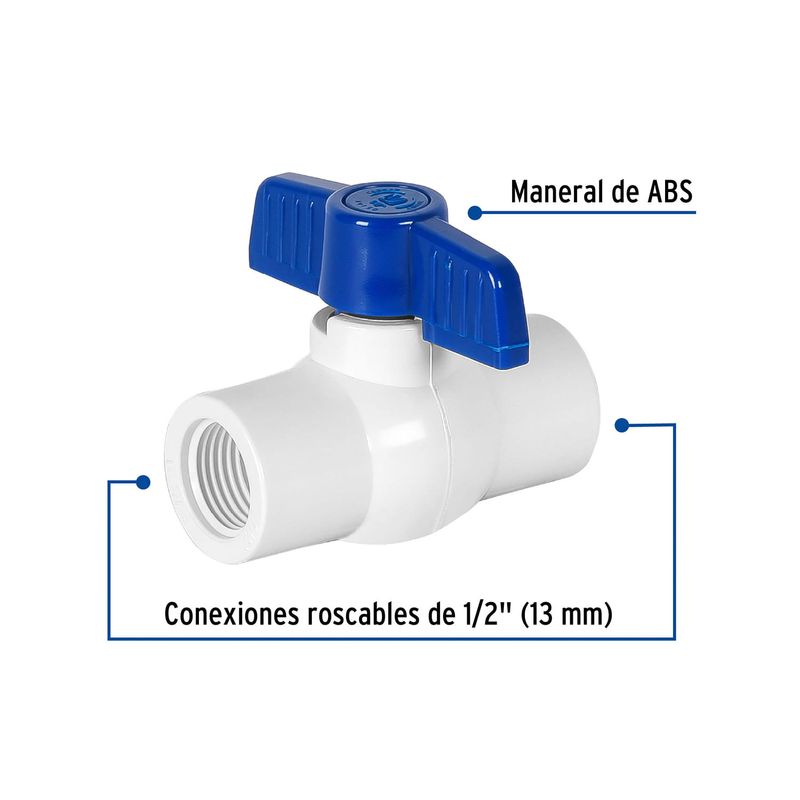 Llave de bola PVC con rosca 1/2 pulgadas Foset, gráfico con etiquetas señalando el maneral de ABS y las conexiones roscables