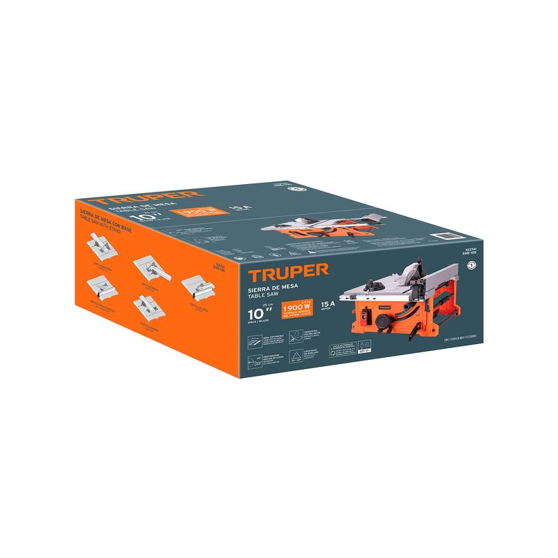 Sierra de mesa 10 pulgadas 2-1/2 HP 1900 W Truper, caja de cartón con ilustración del equipo y accesorios