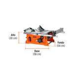 Sierra de mesa Truper de 10 pulgadas, 2-1/2 HP y 1900 W, gráfico con dimensiones de alto, fondo y base