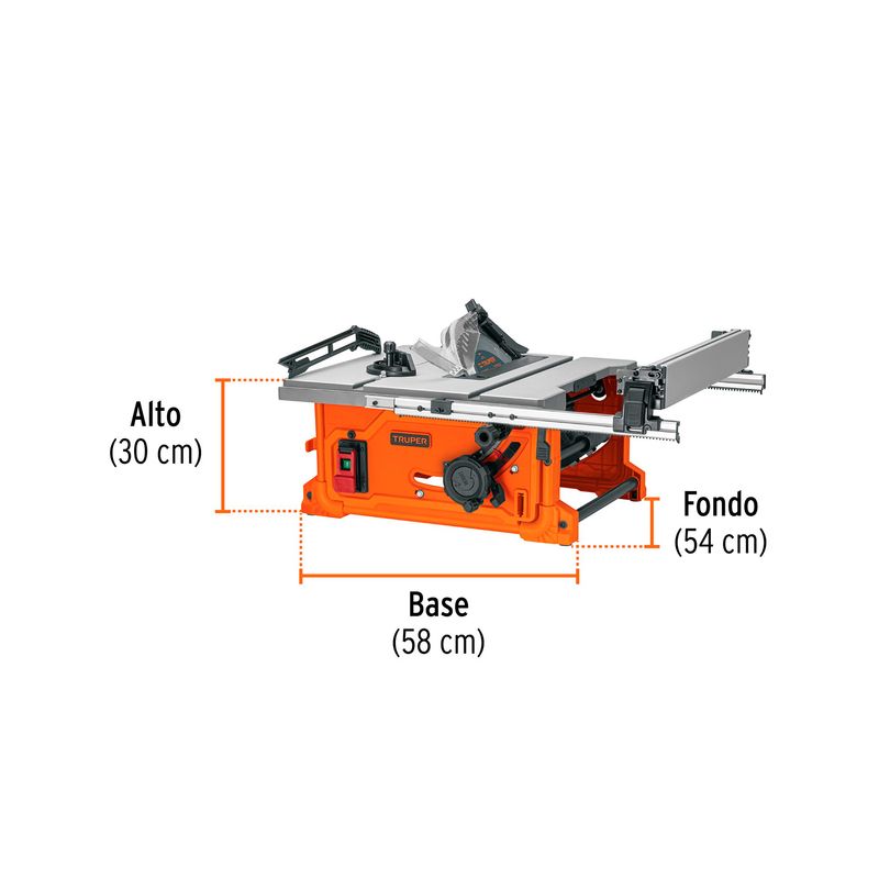 Sierra de mesa Truper de 10 pulgadas, 2-1/2 HP y 1900 W, gráfico con dimensiones de alto, fondo y base