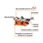 Sierra de mesa Truper de 10 pulgadas, 2-1/2 HP y 1900 W, gráfico con líneas naranjas señalando sus características técnicas