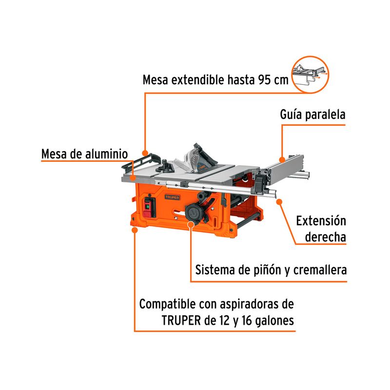 Sierra de mesa Truper de 10 pulgadas, 2-1/2 HP y 1900 W, gráfico con líneas naranjas señalando sus características técnicas