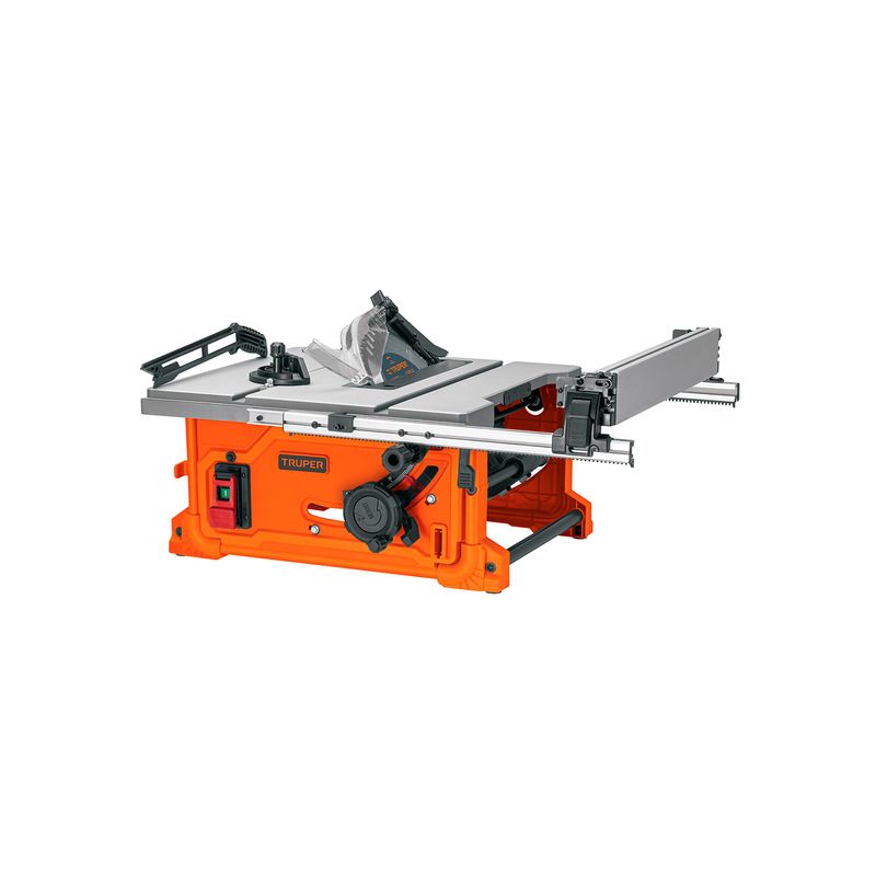 Sierra de mesa Truper de 10 pulgadas, 2-1/2 HP y 1900 W, vista frontal diagonal en color naranja y gris