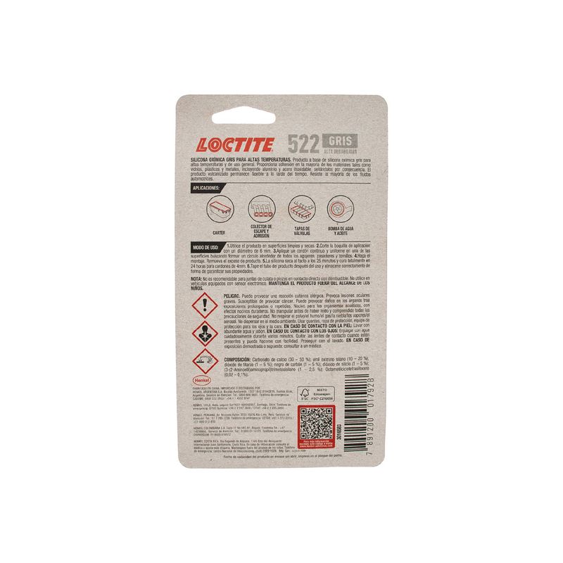 Silicón RTV SI 522 Superflex Maxx 80 g gris Loctite, vista posterior del tubo con instrucciones de uso y advertencias