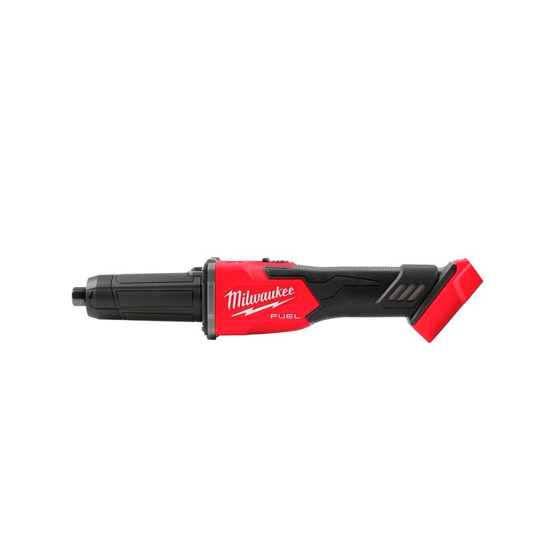 Rectificadora M18 Fuel Milwaukee, vista lateral del equipo en colores rojo y negro con interruptor deslizante