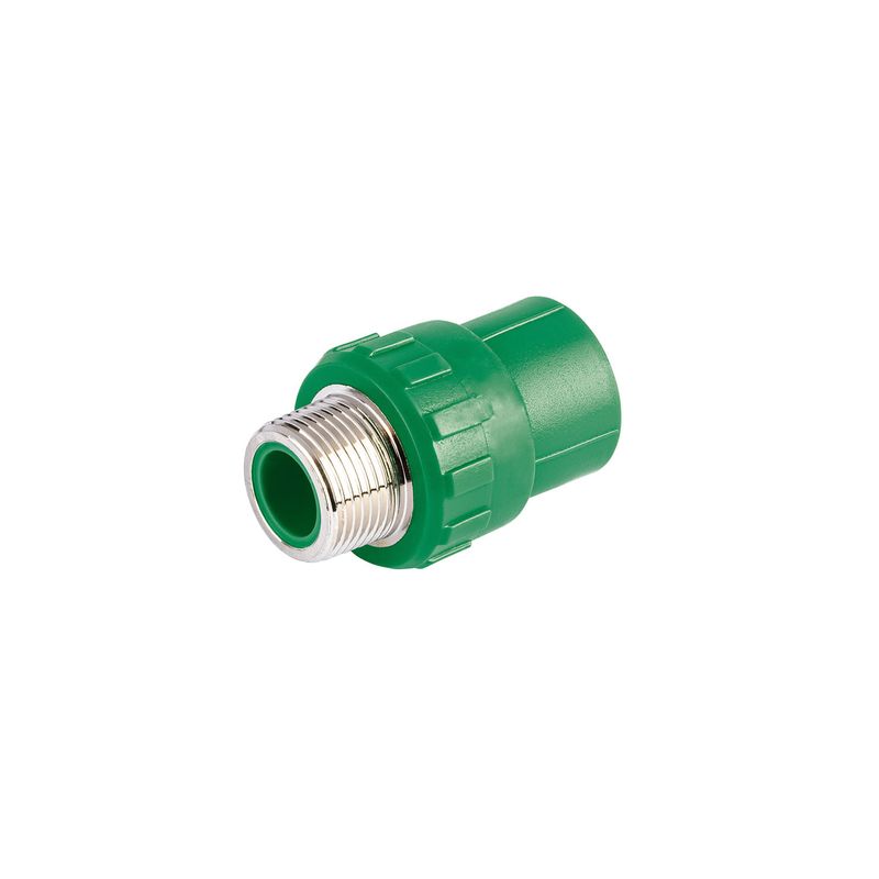 Adaptador macho PVC de 3/4 con inserto metálico Foset, pieza de color verde con rosca metálica plateada