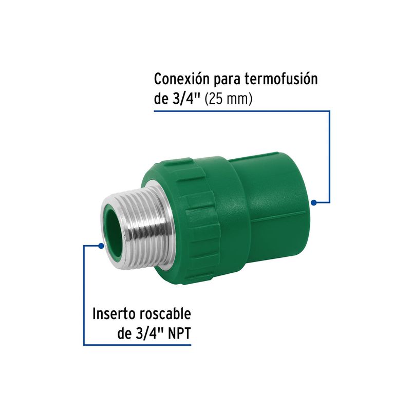 Adaptador macho PVC 3/4 con inserto metálico Foset, gráfico con líneas indicadoras de la conexión y el inserto roscable