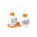 Dispensadores con bandeja 3 piezas Concepts, vista frontal de dos botellas blancas con etiquetas y base de madera