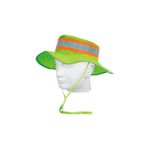 Sombrero alta visibilidad reflectivo verde Truper, colocado en maniquí blanco con banda reflectante gris y naranja