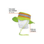 Sombrero alta visibilidad reflectivo verde Truper, puesto en maniquí con etiquetas que señalan la cinta y la orilla