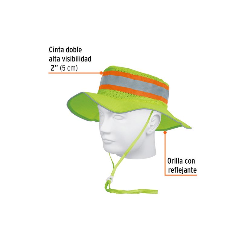 Sombrero alta visibilidad reflectivo verde Truper, puesto en maniquí con etiquetas que señalan la cinta y la orilla