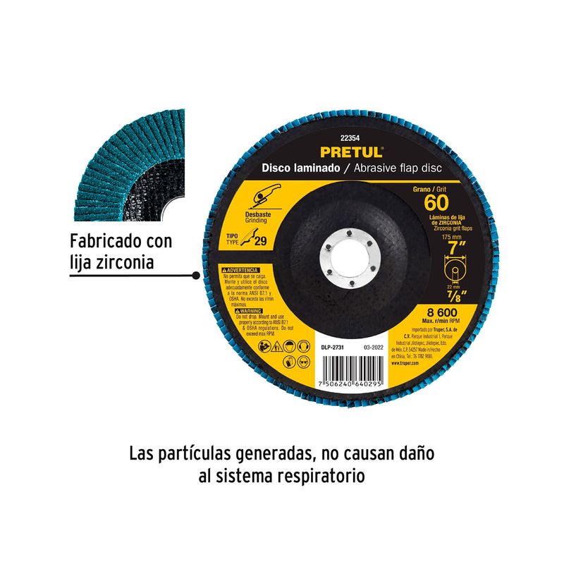 Disco laminado 7 pulgadas grano 60 Pretul, vista frontal del disco azul con etiqueta amarilla y texto informativo