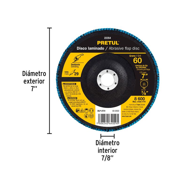 Disco laminado 7 pulgadas grano 60 Pretul, gráfico con medidas de diámetro exterior e interior