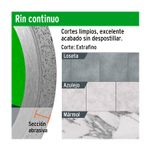 Disco diamante 4 pulgadas continuo Truper, gráfico informativo sobre materiales de corte y sección abrasiva