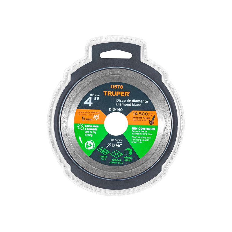 Disco diamante 4 pulgadas continuo Truper, primer plano del empaque frontal con especificaciones técnicas