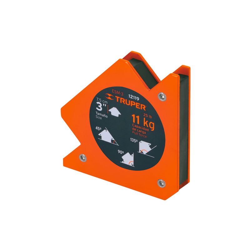 Escuadra magnética para soldar de 3 pulgadas Truper, vista lateral en color naranja con indicadores de ángulos